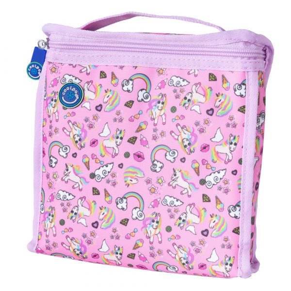 Coolpod Freezable Sandwich Bag in a vibrant pink unicorn and rainbow design, featuring built-in ice packs to keep food cool and fresh for hours.