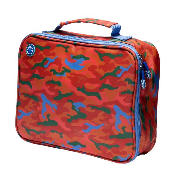 Coolpod Freezable Bento Regular Bag in a red camouflage pattern, featuring built-in ice packs to keep meals cool for up to 8 hours, ideal for school or outings.