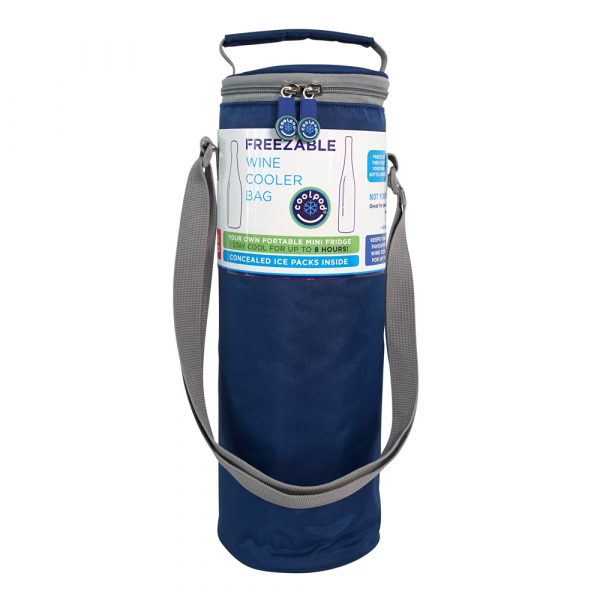 Coolpod Freezable Wine Cooler Bag, designed to keep wine bottles cool for up to 8 hours with built-in ice packs and convenient shoulder strap for portability.