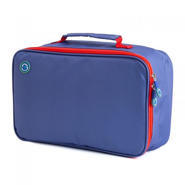 Coolpod freezable large bento bag in blue with red accents, ideal for keeping food fresh and cool for up to 8 hours, perfect for meals on the go.