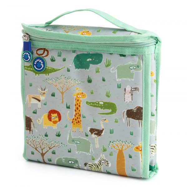 Coolpod freezable sandwich bag with a cute animal safari design, ideal for keeping snacks cool for up to 8 hours, perfect for kids' lunches or outings.