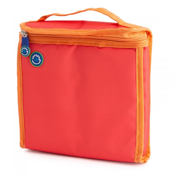 "Coolpod freezable sandwich bag in bright orange with matching zipper and handle, keeps food cool for up to 8 hours, ideal for lunches and snacks on the go."