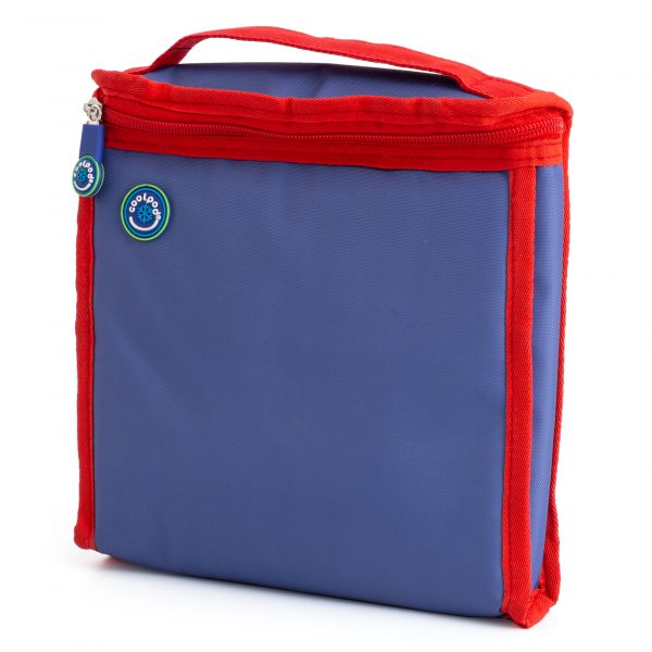 Coolpod freezable sandwich bag in blue with red zipper and trim, designed to keep sandwiches cool for up to 8 hours, perfect for school or work lunches.