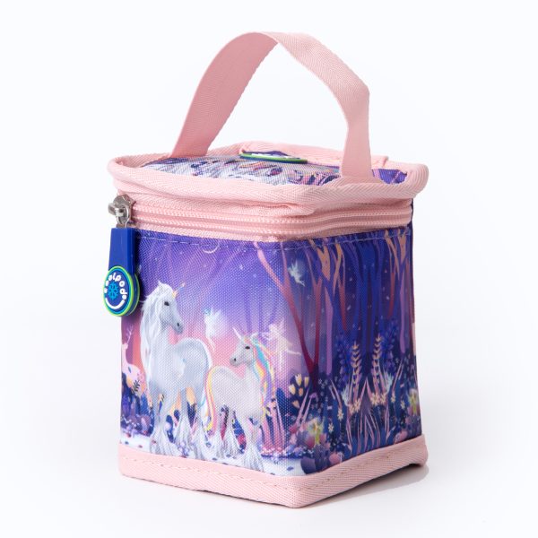 Coolpod freezable yoghurt cooler bag with a unicorn design, featuring a pink zipper and handle, ideal for keeping yoghurt chilled and fresh.