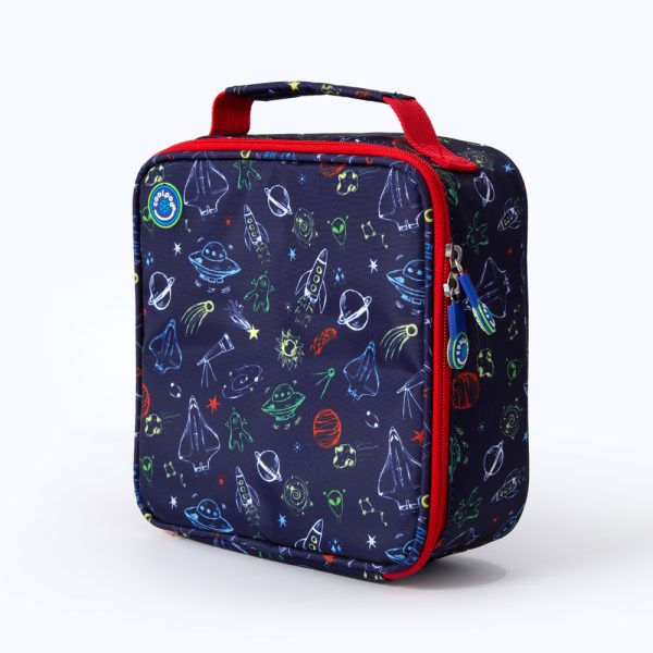 Coolpod freezable square lunch cooler bag with a space-themed design, featuring rockets, planets, and aliens, ideal for keeping lunches fresh and cool.