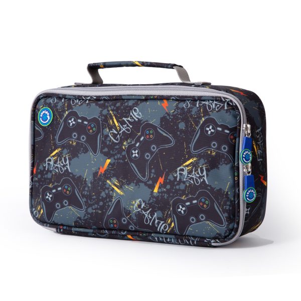 Coolpod Freezable Rectangular Lunch Cooler Bag with a gamer-themed design, featuring video game controllers and graffiti accents on a dark background.