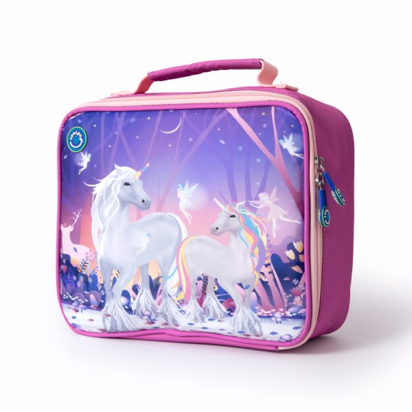 Coolpod Freezable Bento Cooler Bag Regular featuring a whimsical unicorn and fairy design with a purple and pink forest background.