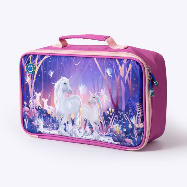 Coolpod Freezable Rectangular Lunch Cooler Bag featuring a colorful unicorn and fairy design, with pink accents and insulated interior for keeping food chilled.