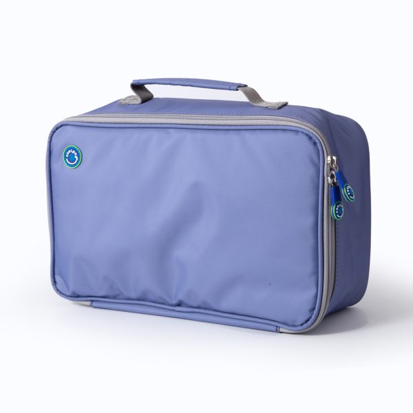 Coolpod Freezable Rectangular Lunch Cooler Bag in blue with grey zipper and handle, designed to keep food fresh and cool.