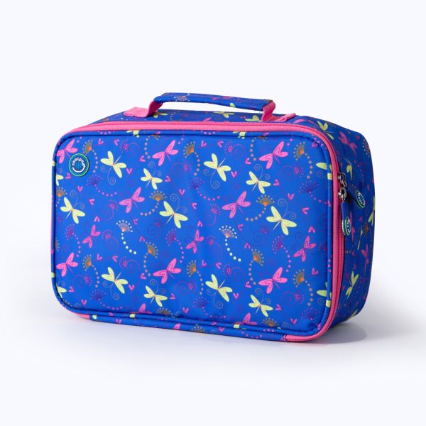 Coolpod Freezable Rectangular Lunch Cooler Bag featuring a colorful butterfly design on a blue background with pink zipper and handle.